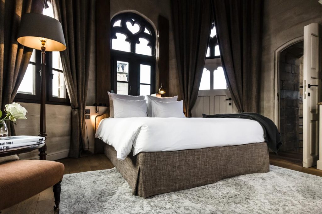 Interior of a boutique hostel in Belgium with social lounge