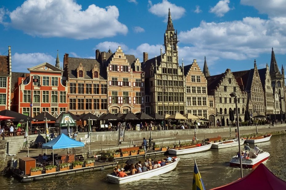 Graslei canal houses in Ghent along the waterfront