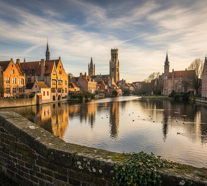 Cobblestone path beside Minnewater Lake in Bruges